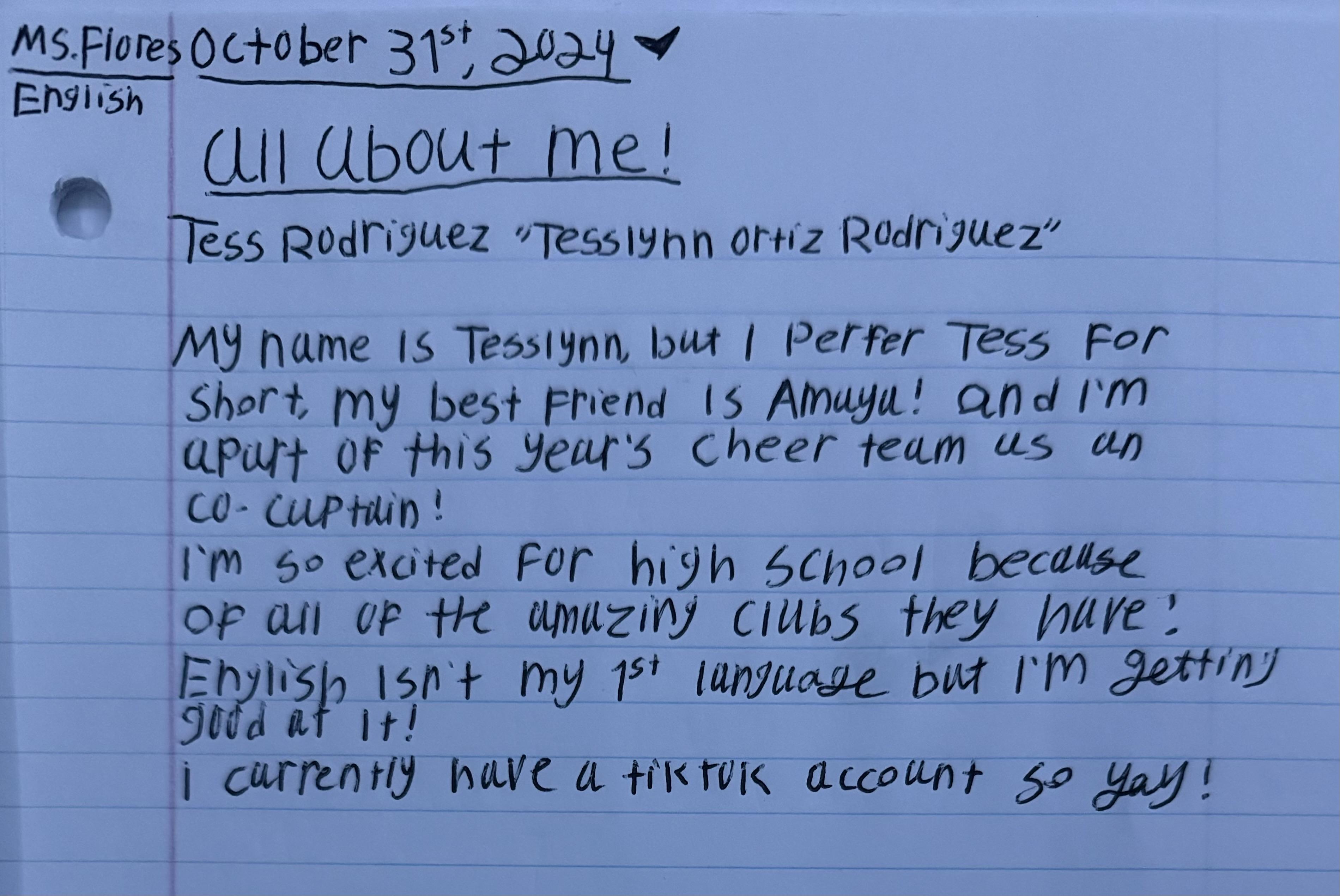 All about me assignment from English, October 31st, 2024