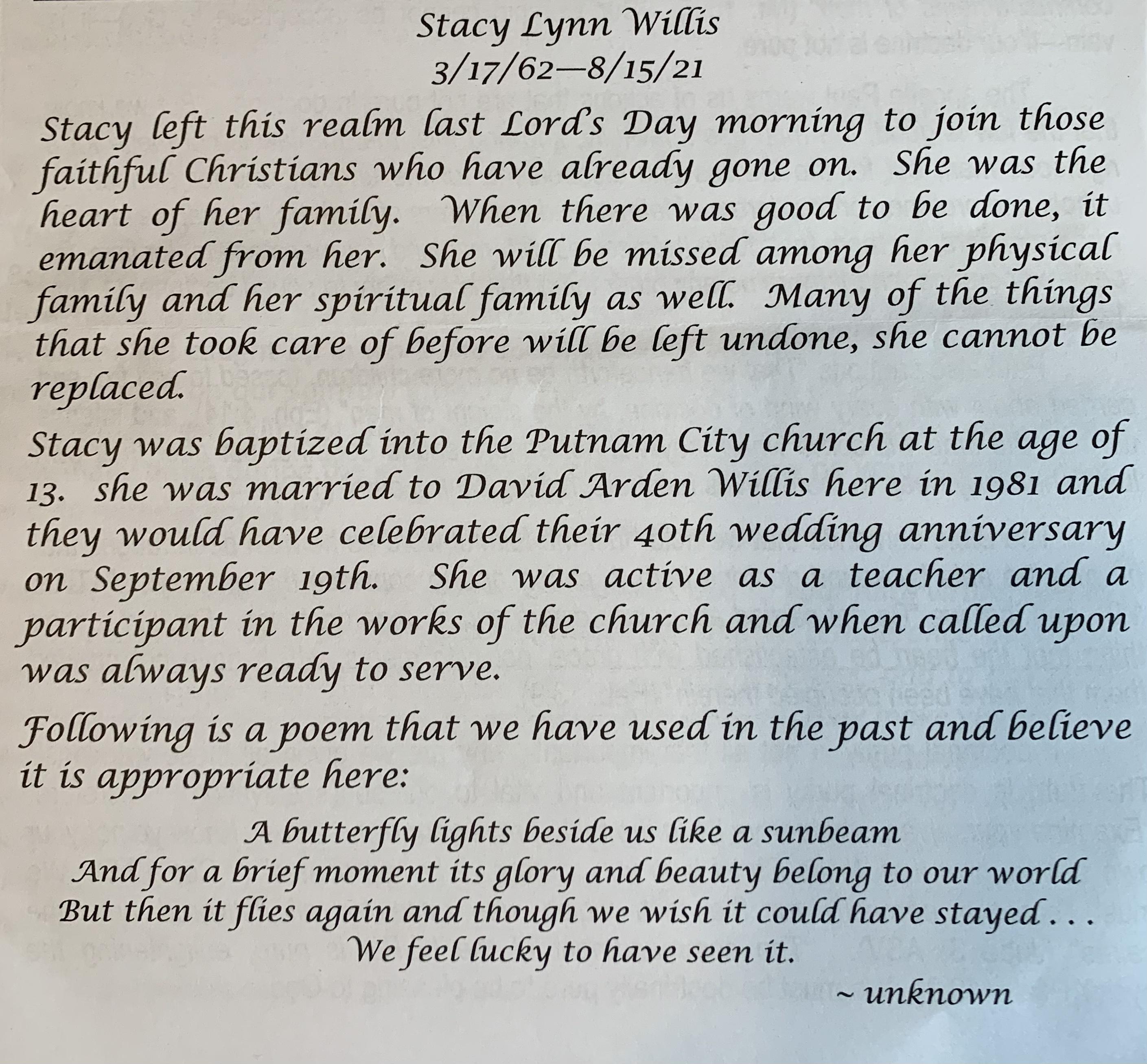 Tribute to Stacy written in t…