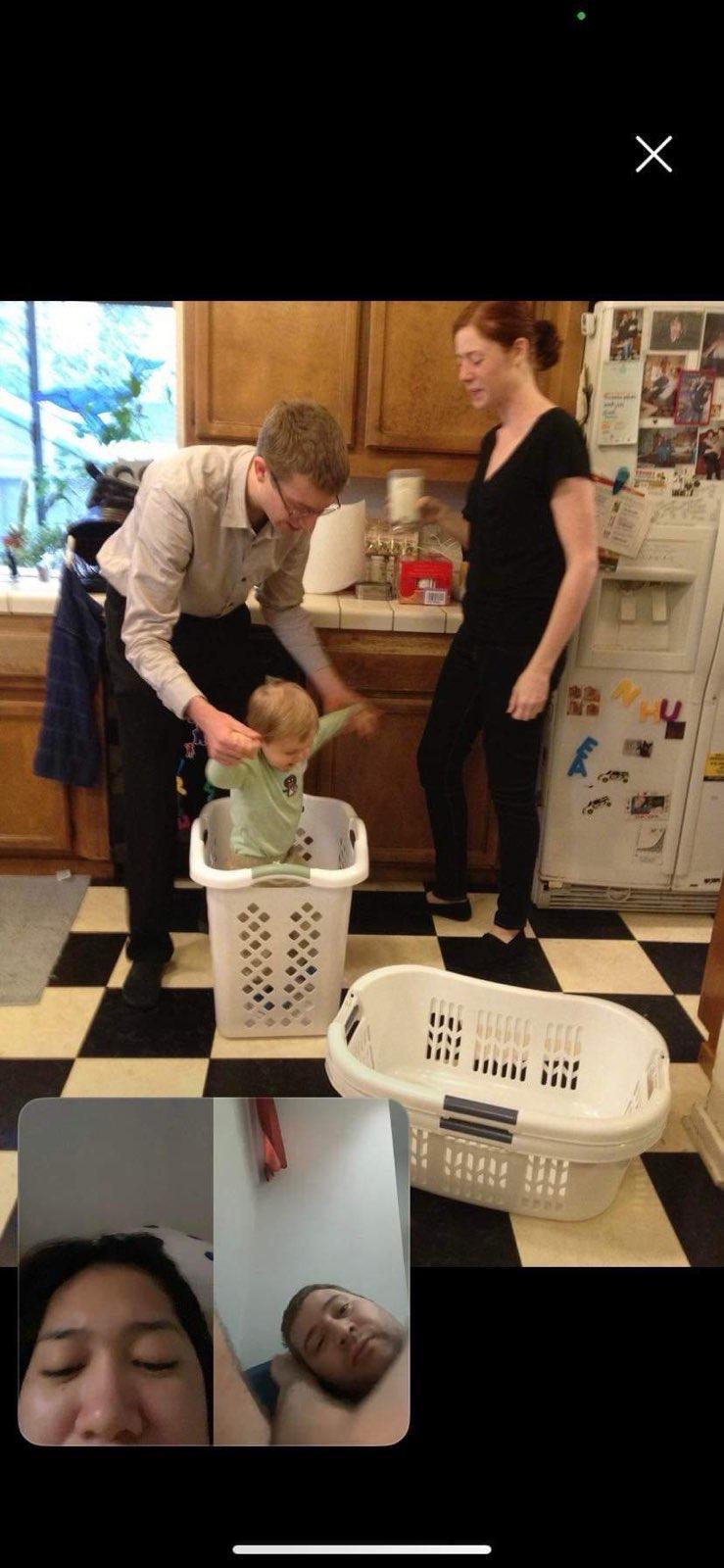 Sam putting Calvin in a laund…