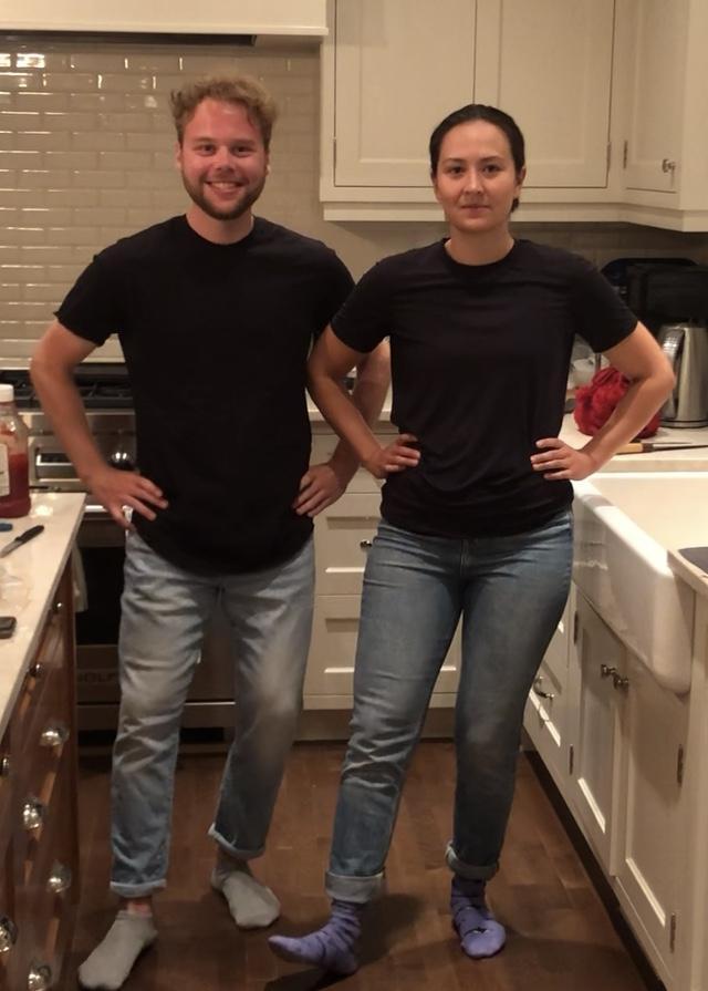 Mat and I wearing matching cl…