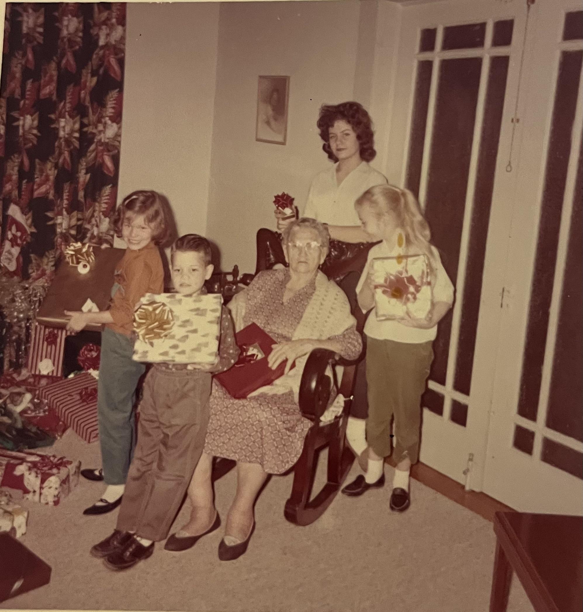 Christmas time; Linda behind …