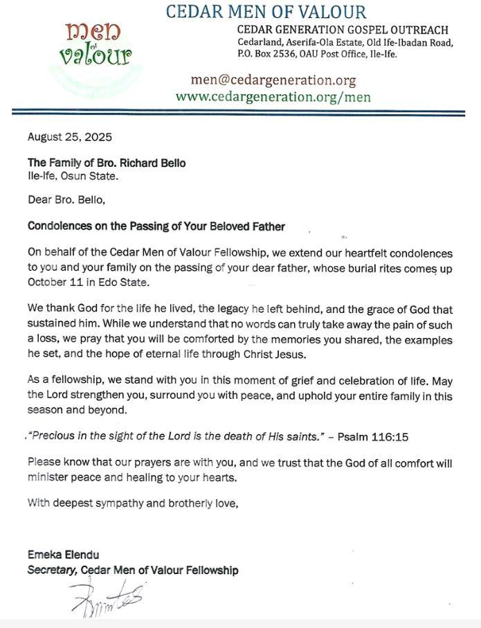 Condolence Message from Cedar…