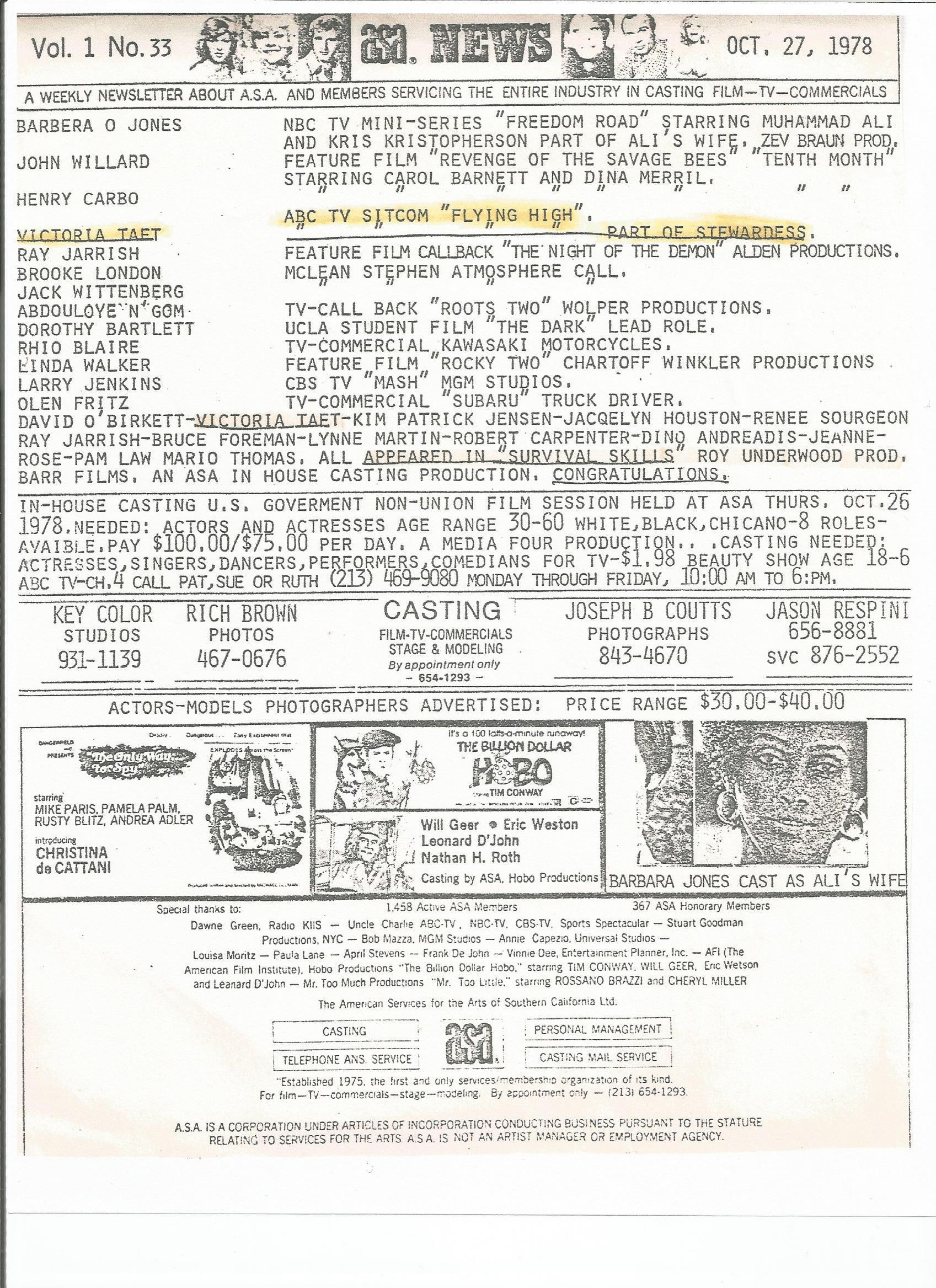 Victoria Taft’s cast sheet fo…