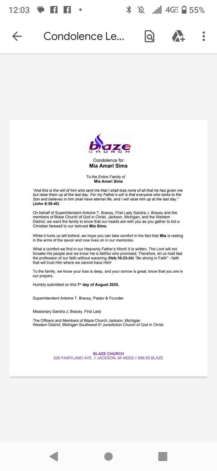 To the Family of Mia Sims