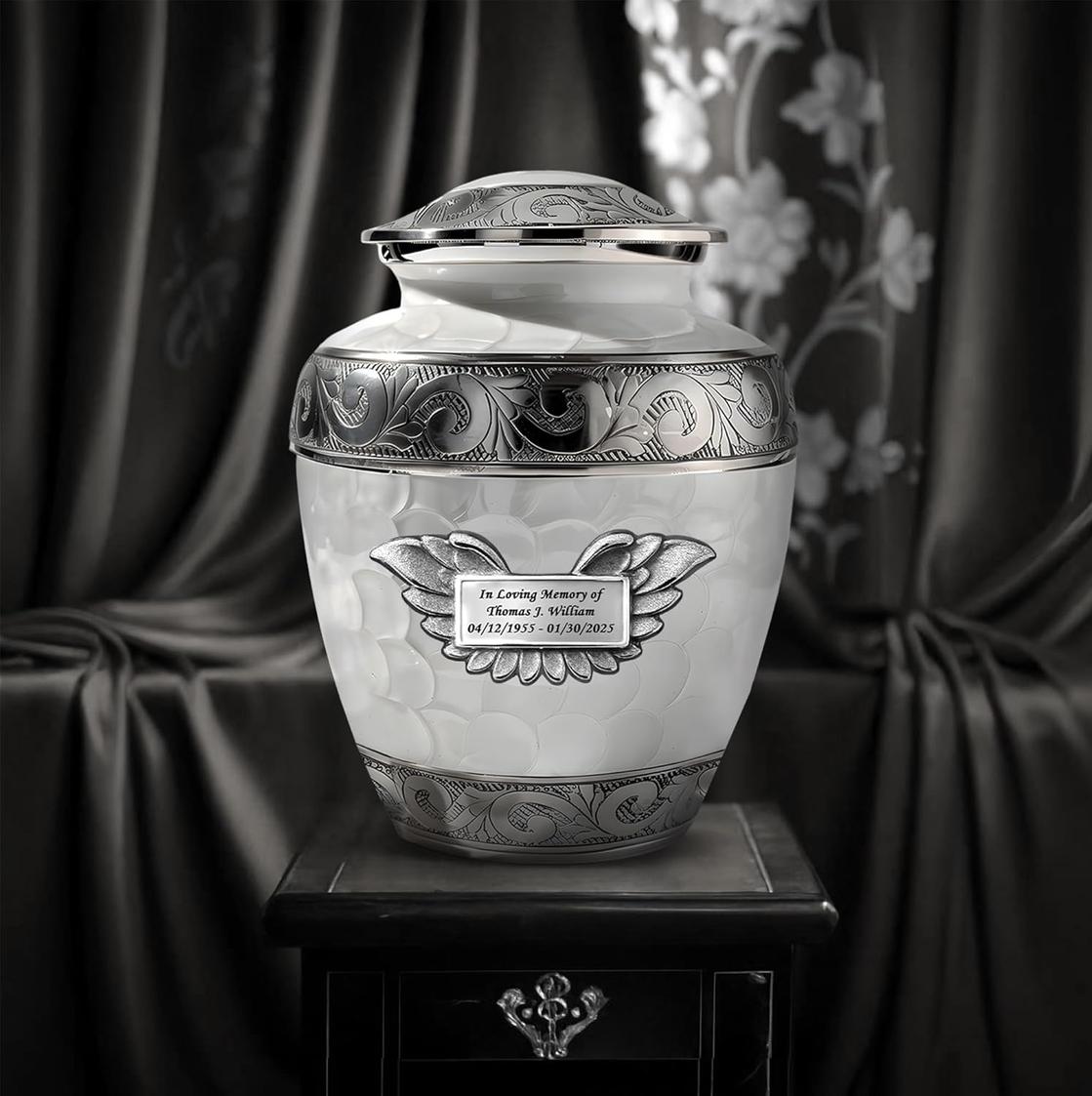 Photo of Custom Engraved Plaque with  White Patch Cremation Urns for Human Ashes Adult Male & Female Set of 8