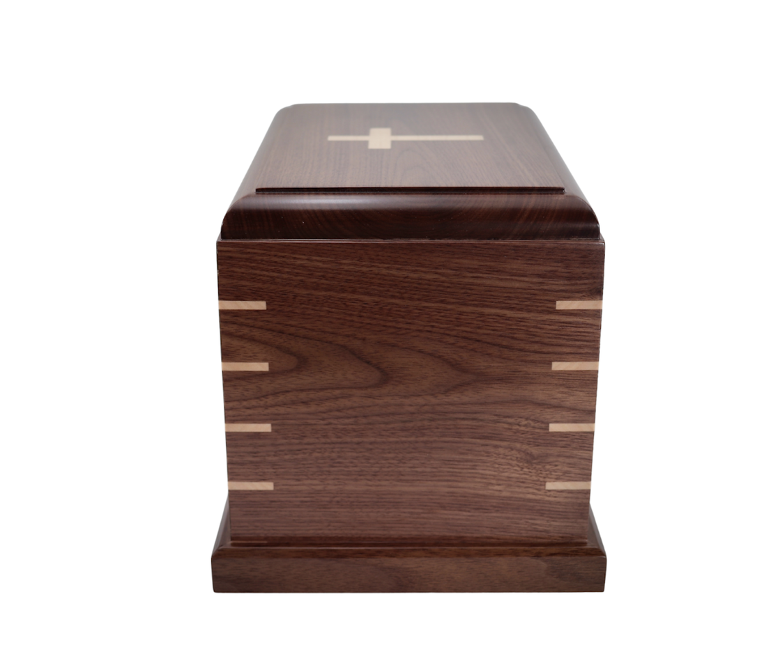 Photo of Solid Walnut Wood Urn with Solid Maple Wood Cross Inlay #W-580