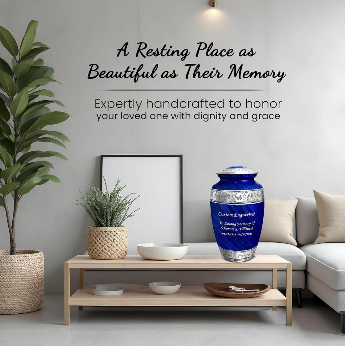 Photo of Personalized Eternal Blue Decorative Cremation Urn for Ashes Adult Set of 7