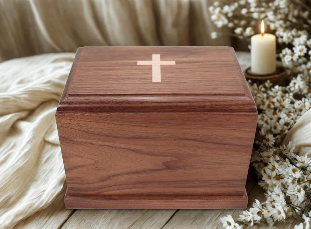 Photo of Solid Walnut Wood Urn with Solid Maple Wood Cross Inlay #W-719