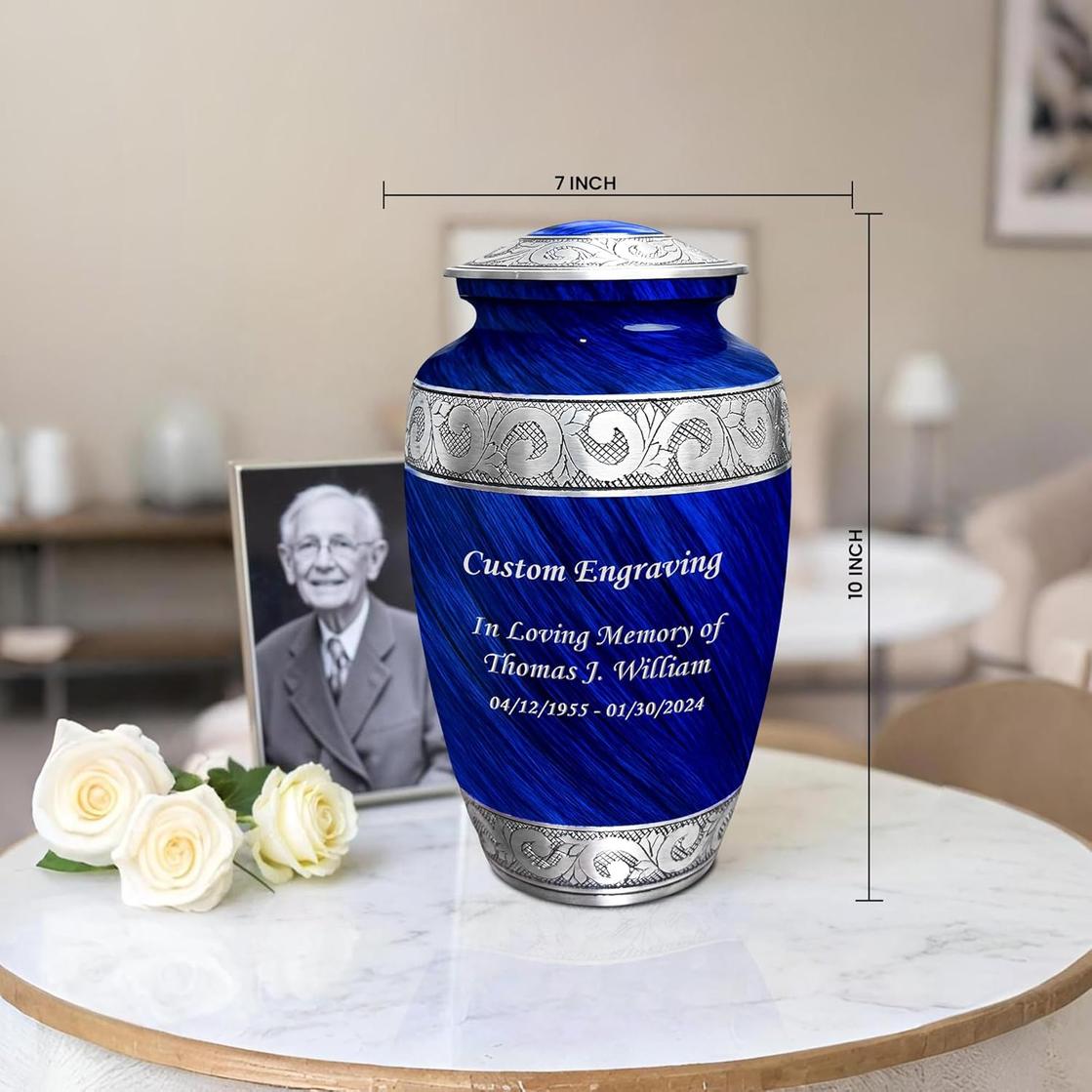 Photo of Personalized Eternal Blue Decorative Cremation Urn for Ashes Adult Set of 7