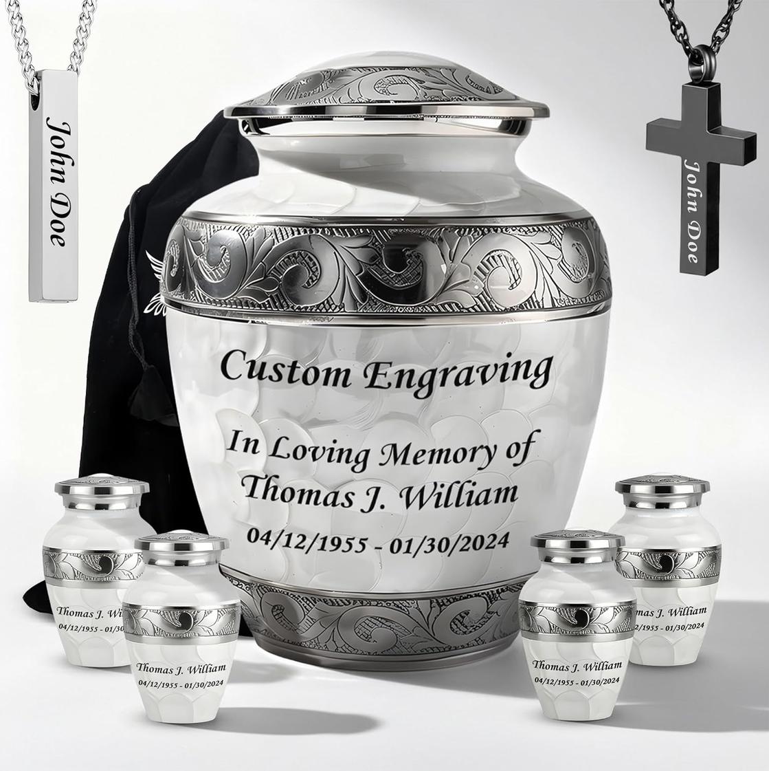 Photo of White Patch Custom Cremation Urns for Ashes Adult Male & Female Set of 7