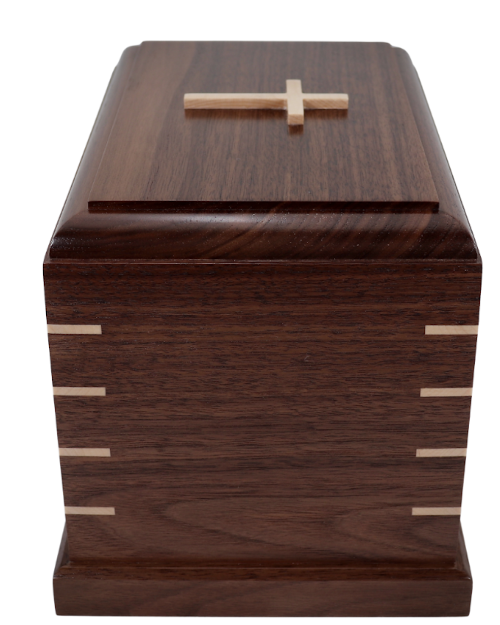 Photo of Solid Walnut Wood Urn with Attached Solid Maple Cross #W-556