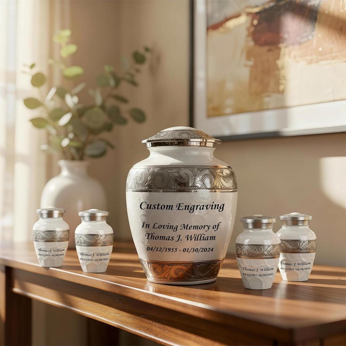 Photo of White Patch Custom Cremation Urns for Ashes Adult Male & Female Set of 7
