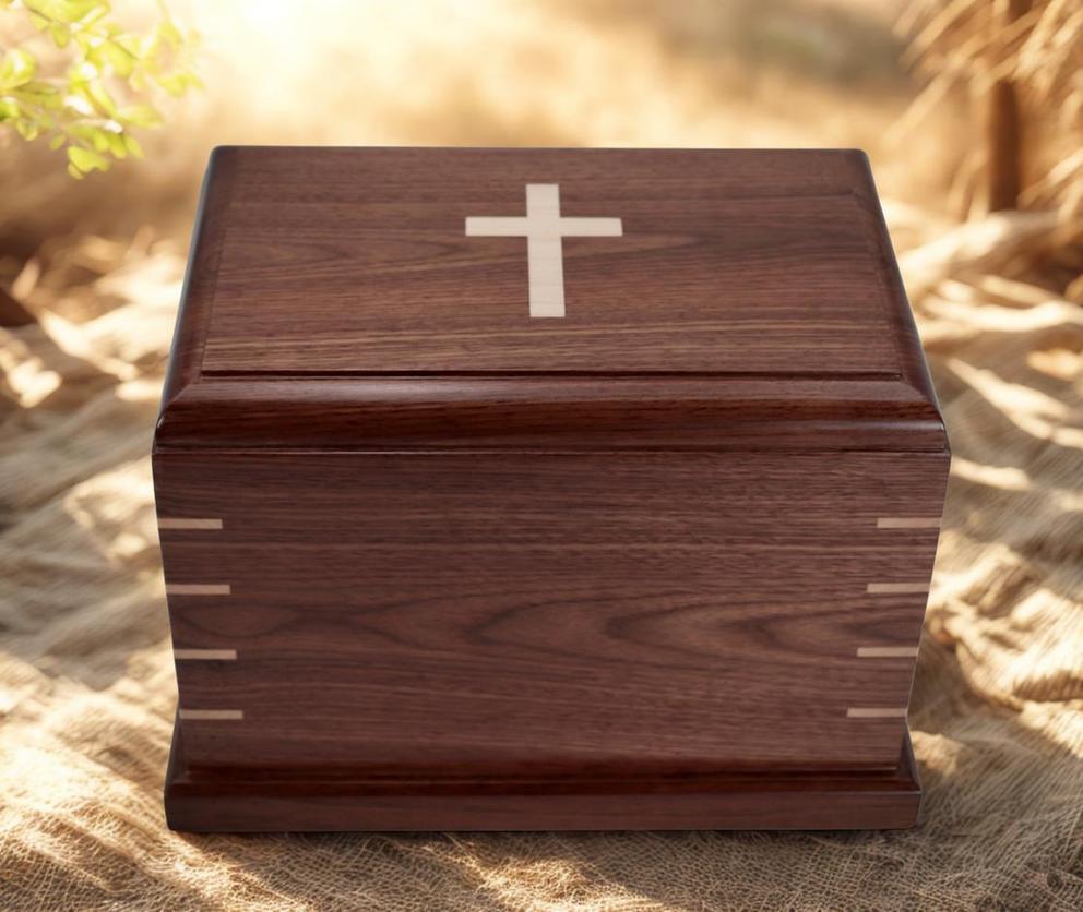 Photo of Solid Walnut Wood Urn with Solid Maple Wood Cross Inlay #W-580