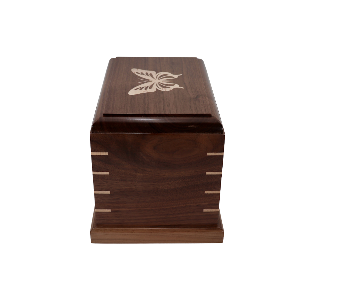 Photo of Solid Walnut Wood Urn with Solid Maple Wood Butterfly Inlay #W-565