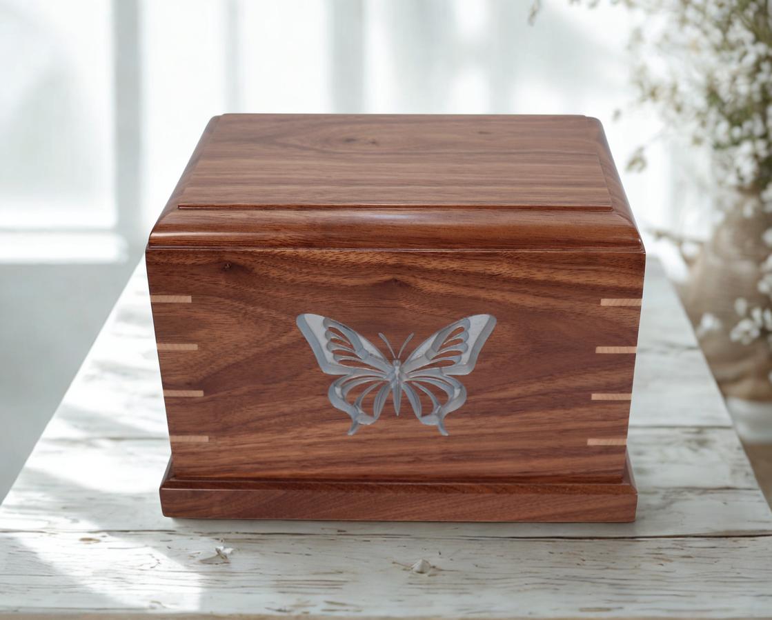 Photo of Solid Walnut Wood Urn Silver Painted Engraved Butterfly #W-596