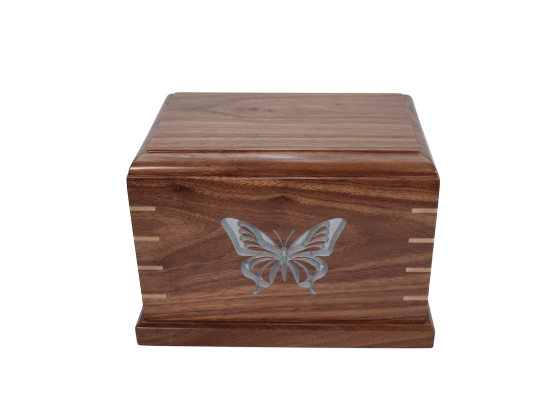 Photo of Solid Walnut Wood Urn Silver Painted Engraved Butterfly #W-596