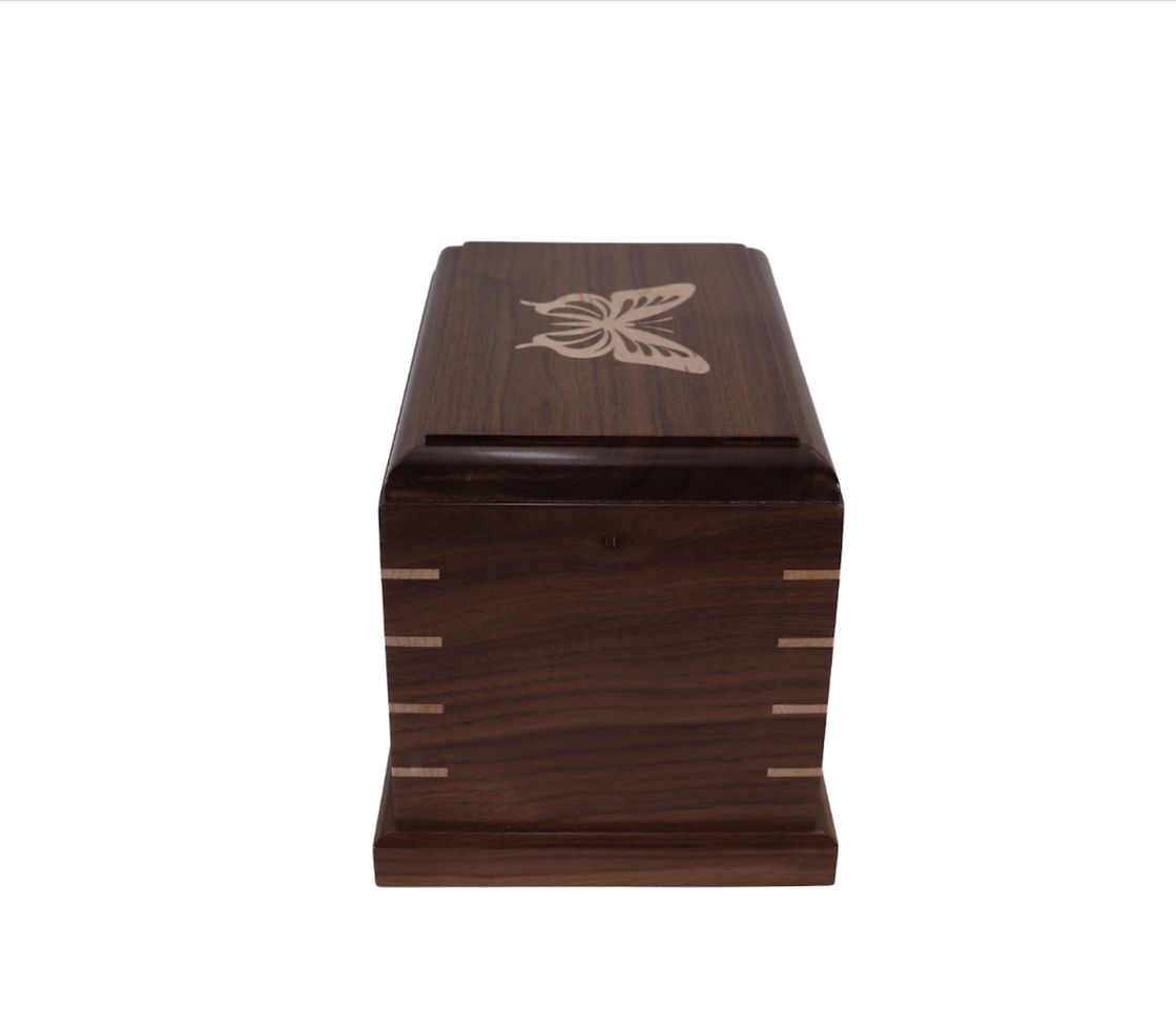 Photo of Solid Walnut Wood Urn with Solid Maple Wood Butterfly Inlay #W-565
