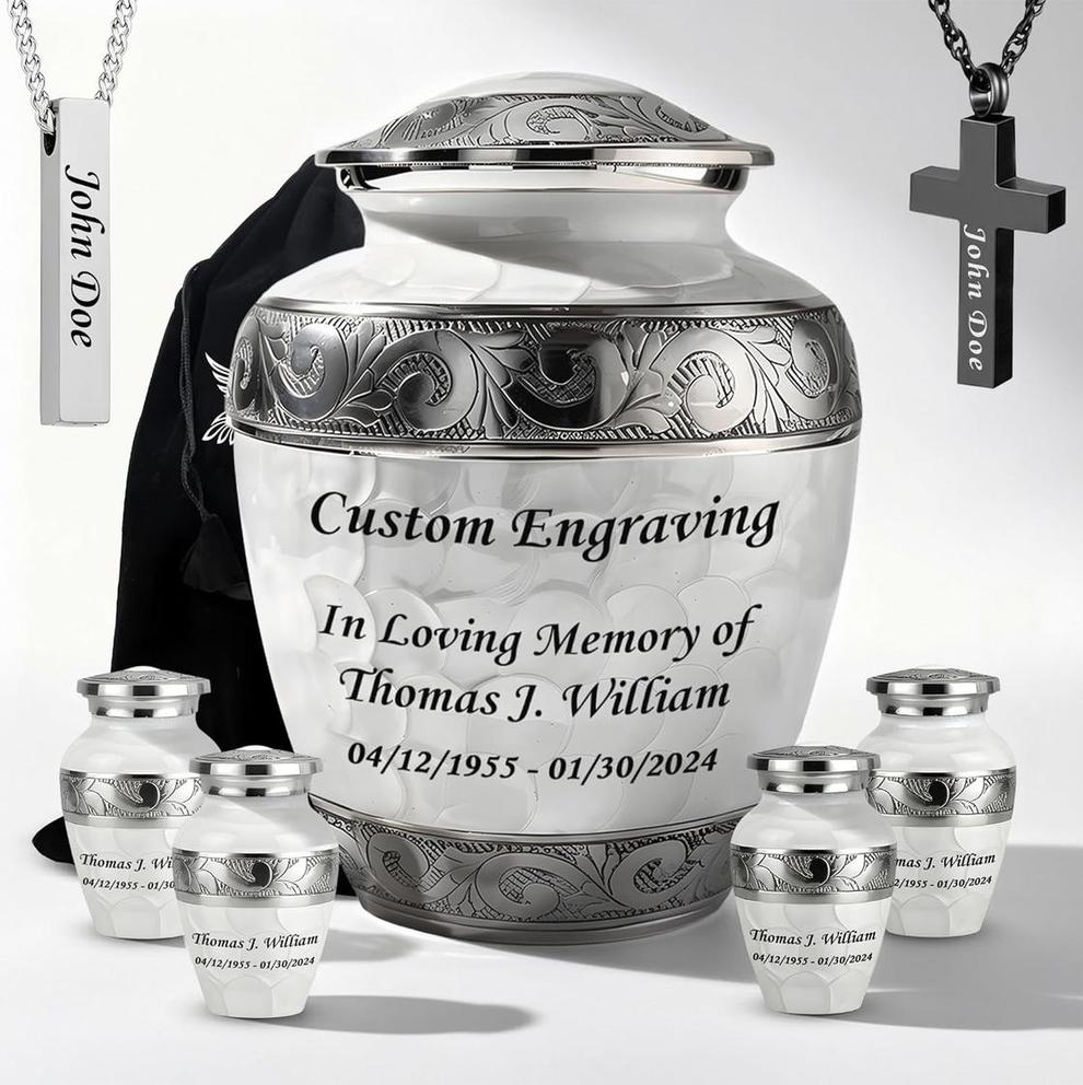 Photo of White Patch Custom Cremation Urns for Ashes Adult Male & Female Set of 7