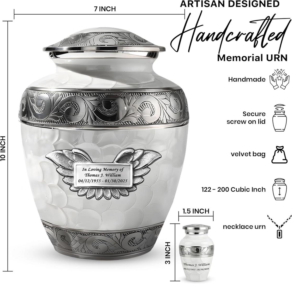 Photo of Custom Engraved Plaque with  White Patch Cremation Urns for Human Ashes Adult Male & Female Set of 8