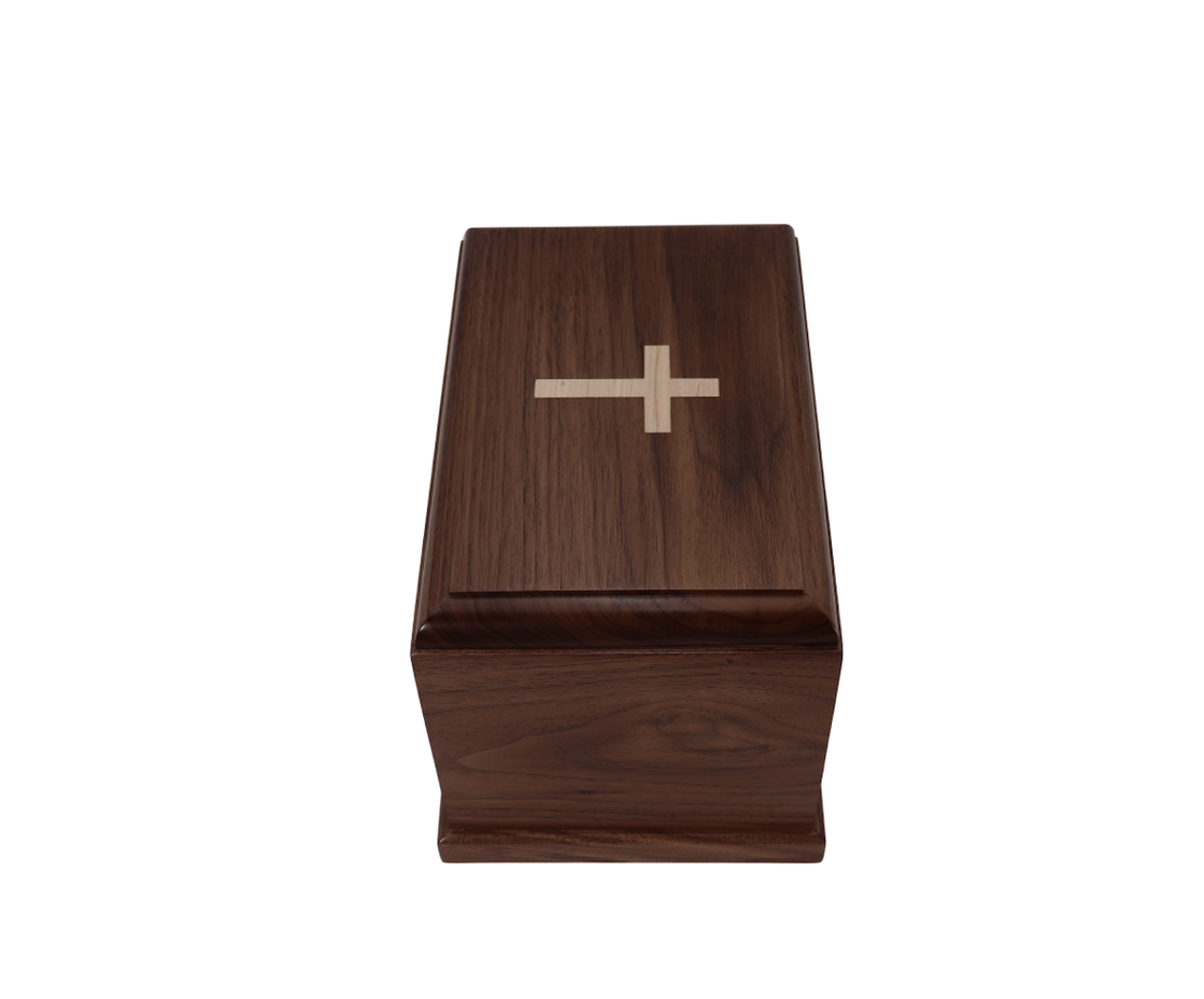 Photo of Solid Walnut Wood Urn with Solid Maple Wood Cross Inlay #W-719