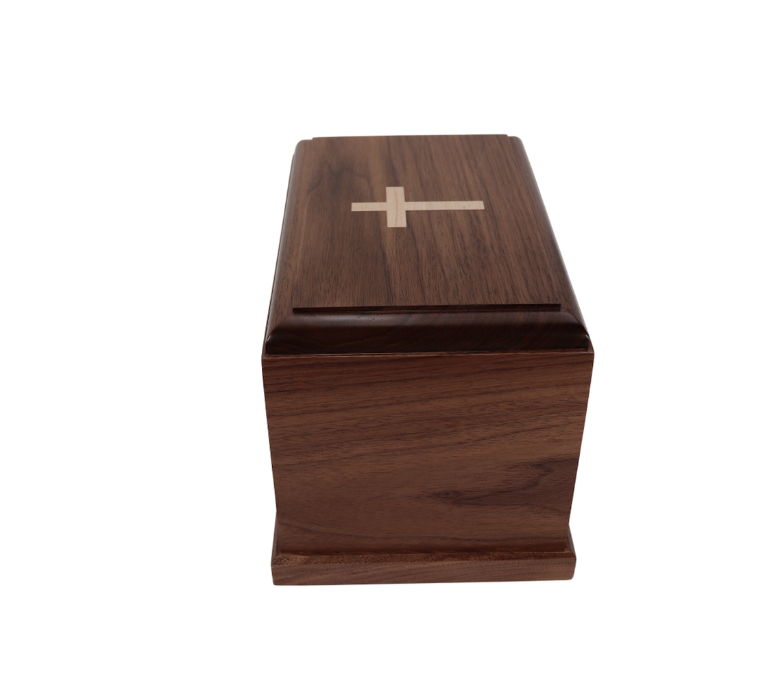 Photo of Solid Walnut Wood Urn with Solid Maple Wood Cross Inlay #W-719