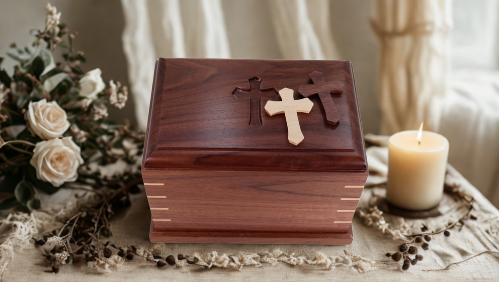Photo of #W-444 - Walnut Wood Urn with Keepsake Cross