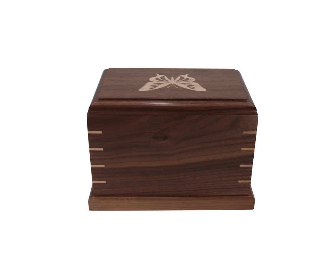 Photo of Solid Walnut Wood Urn with Solid Maple Wood Butterfly Inlay #W-565