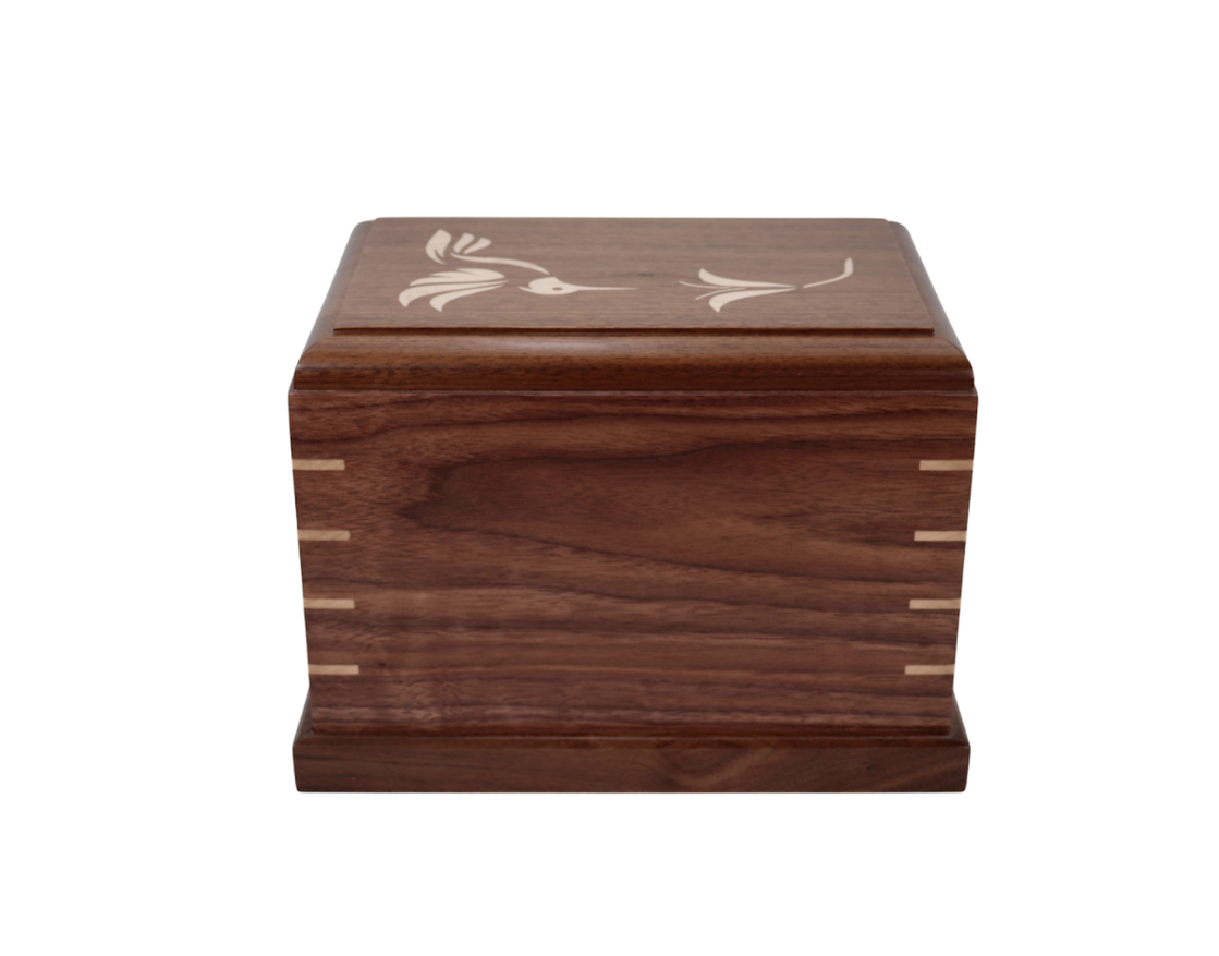 Photo of Solid Walnut Wood Urn with Solid Maple Hummingbird Inlay #W-559