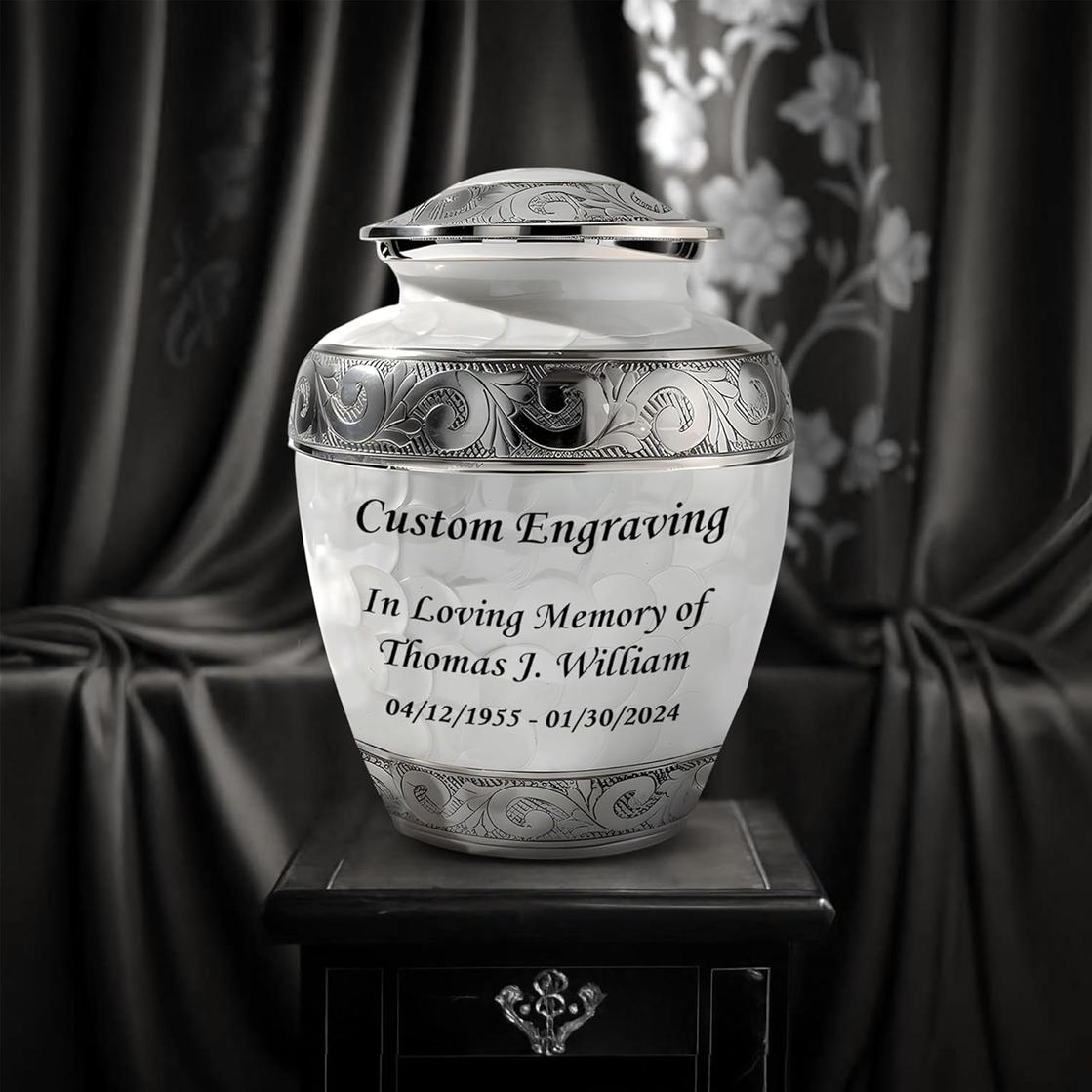 Photo of White Patch Custom Cremation Urns for Ashes Adult Male & Female Set of 7