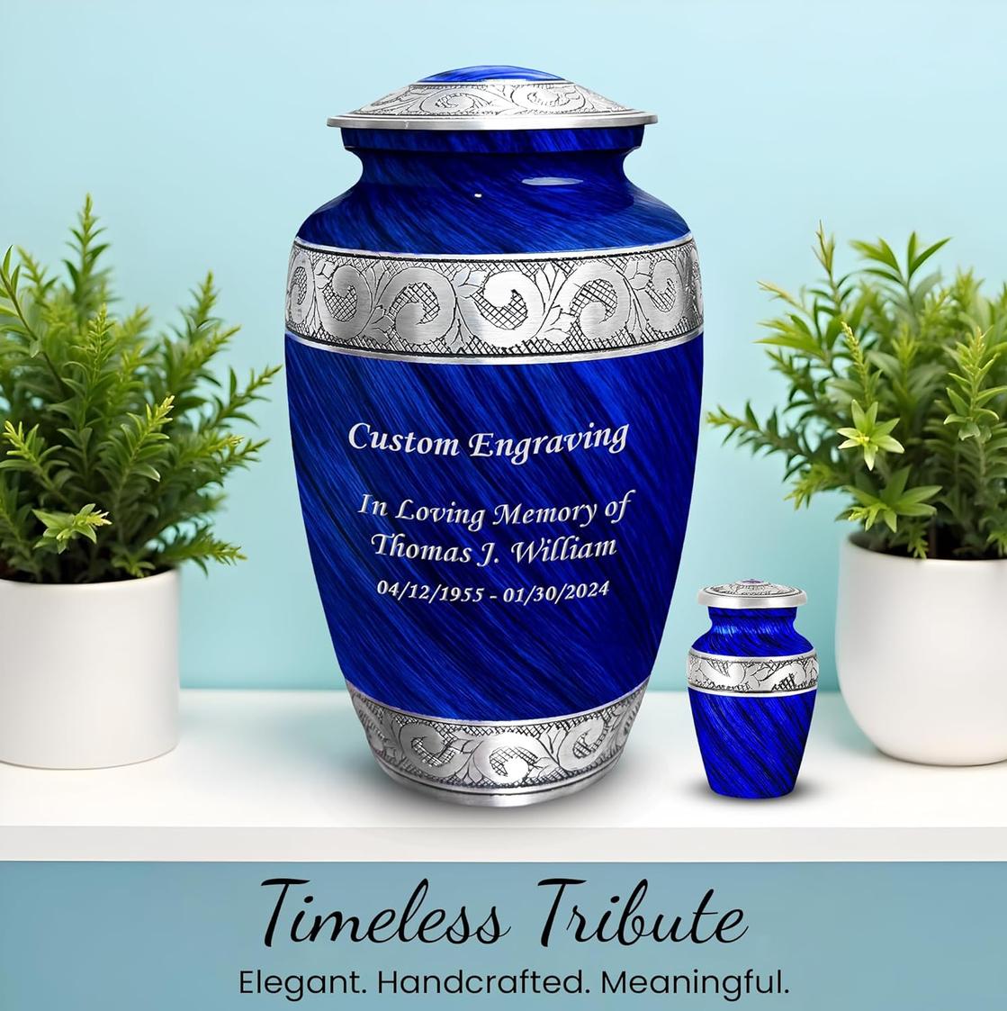 Photo of Personalized Eternal Blue Decorative Cremation Urn for Ashes Adult Set of 7
