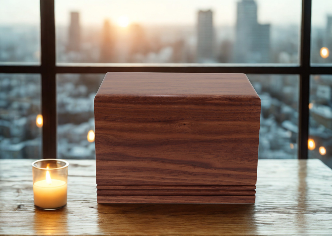 Photo of Solid Walnut Wood Urn with Double Beaded Base #W-786