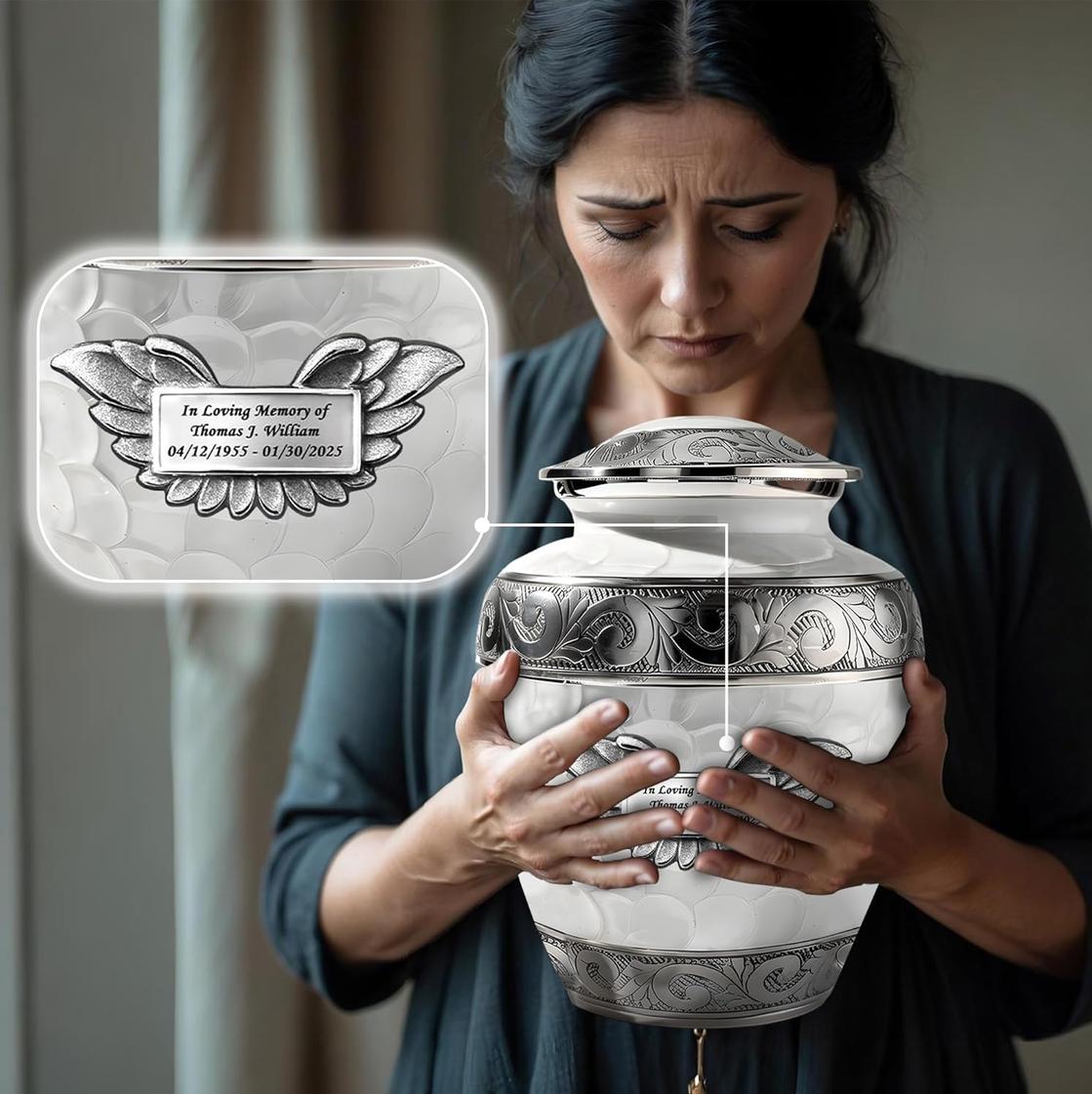 Photo of Custom Engraved Plaque with  White Patch Cremation Urns for Human Ashes Adult Male & Female Set of 8