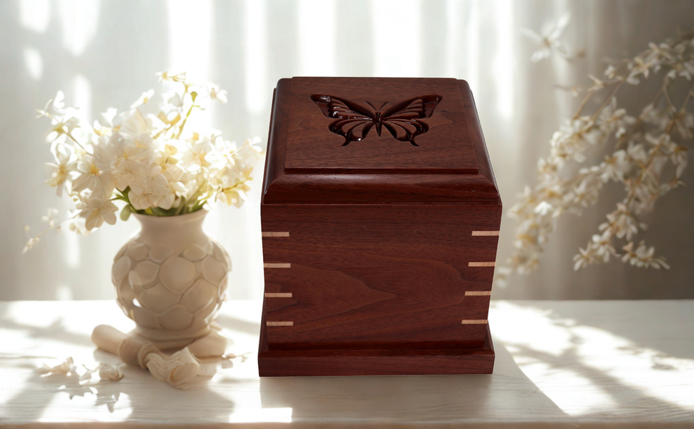 Photo of Solid Walnut Engraved Butterfly  Urn W-555(t)