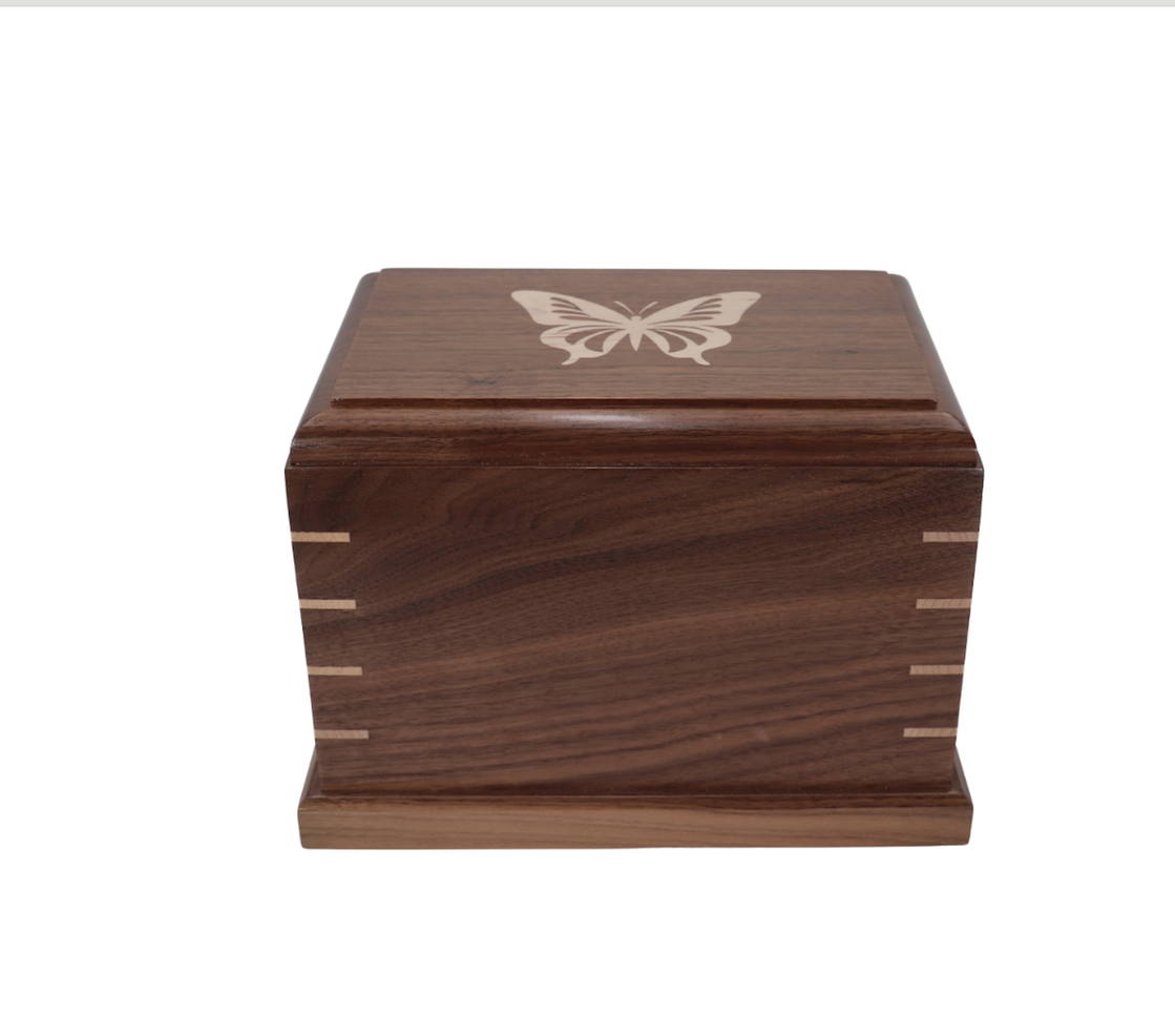 Photo of Solid Walnut Wood Urn with Solid Maple Wood Butterfly Inlay #W-565