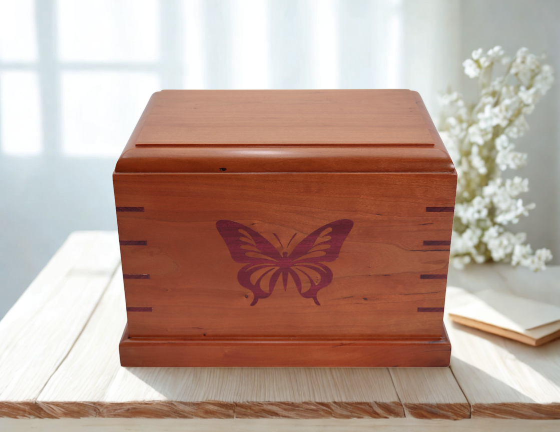 Photo of Solid Cherry Wood Urn with Solid Purple Heart Wood Butterfly Inlay #C-585