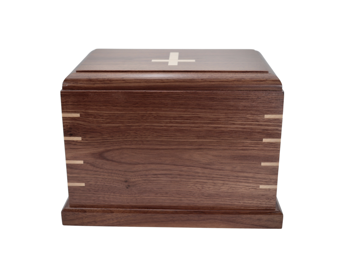 Photo of Solid Walnut Wood Urn with Solid Maple Wood Cross Inlay #W-580